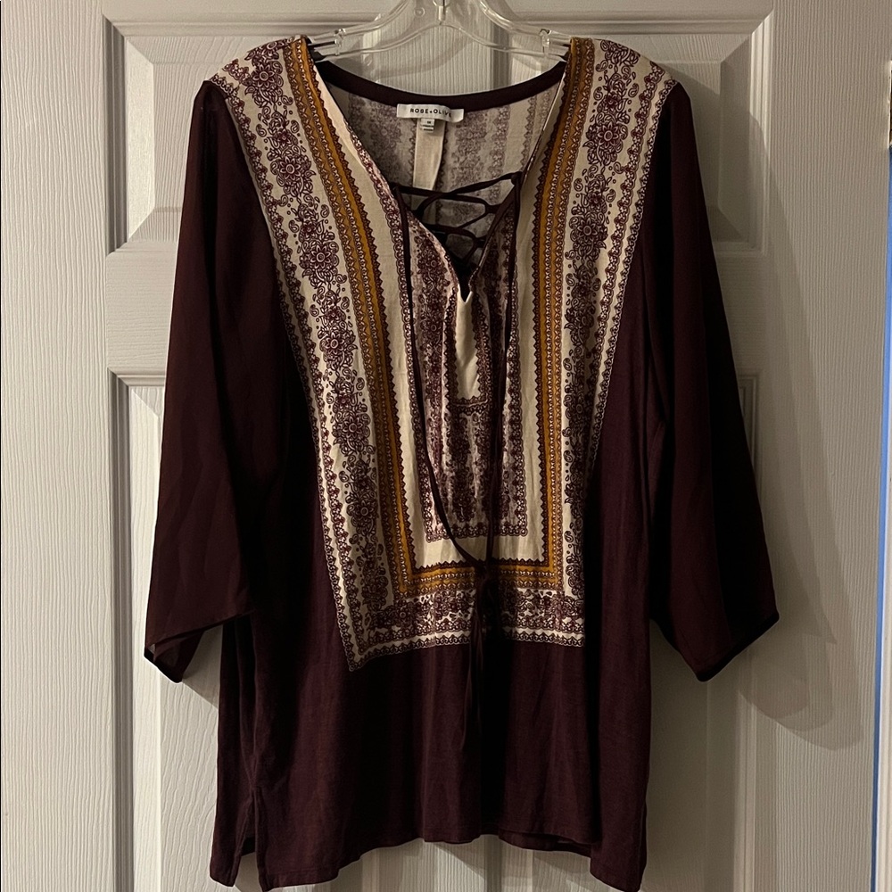Rose & Olive Burgundy Tunic with Gold and Cream Accents
